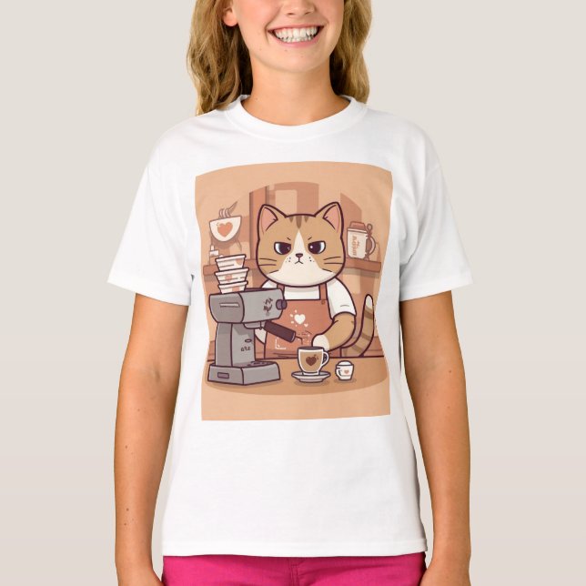 Cute Funny Cartoon Barista Cat Kid's T-shirt (Vorderseite)