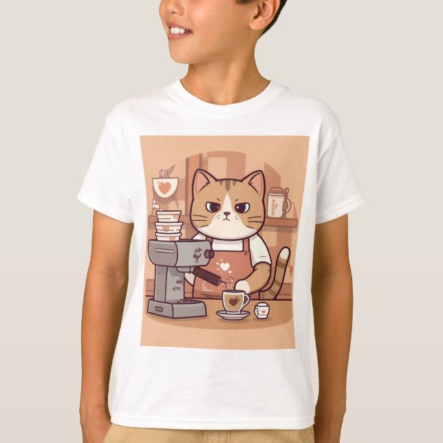 Cute Funny Cartoon Barista Cat Kid's T-shirt (Vorderseite)