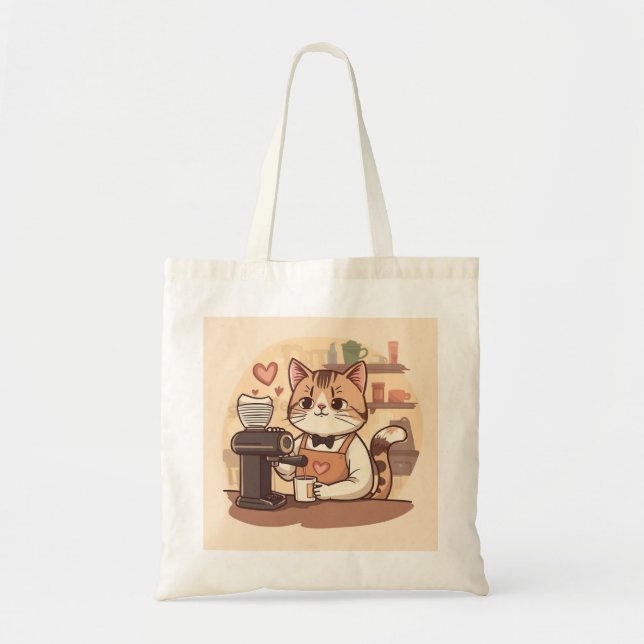 Cute Funny Cartoon Barista Cat Tote Bag Tragetasche (Vorne)