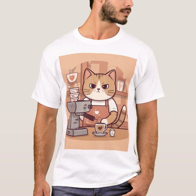 Cute Funny Cozy Barista Cat & Coffee T-shirt (Vorderseite)