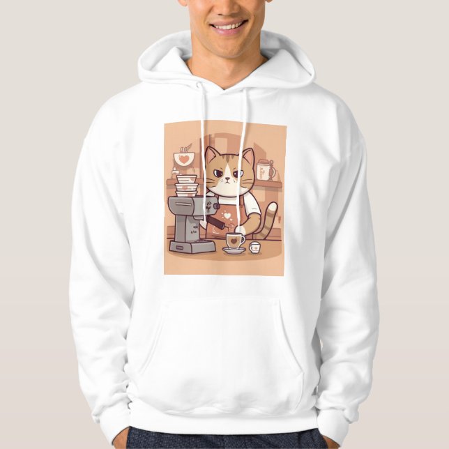 Cute Funny Cozy Cartoon Barista Cat Hoodie T-shirt (Vorderseite)