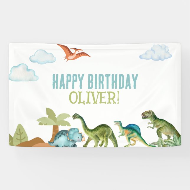 Cute Funny Dinosaur Happy Birthday Sign Banners Banner (Horizontal)