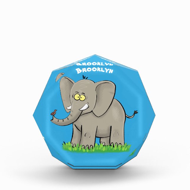 Cute funny elephant with bird on trunk cartoon fotoblock (Vorderseite)