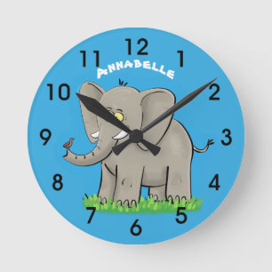 Cute funny elephant with bird on trunk cartoon runde wanduhr