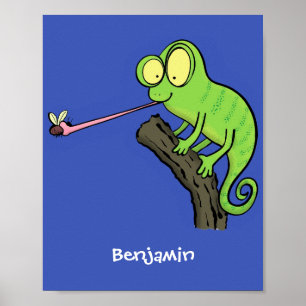Cute funny green happy chameleon lizard cartoon poster