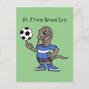 Cute funny Komodo dragon playing soccer cartoon Postkarte