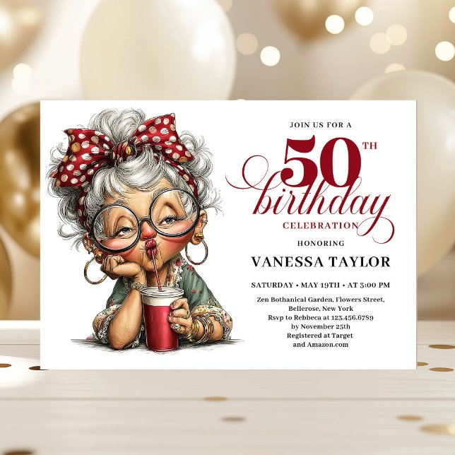 Cute Funny Lady 50th Birthday Cartoon Humor Invite Einladung (Cute Funny Lady 50th Birthday Cartoon Humor Invite)