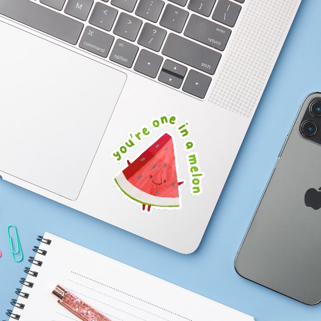Cute Funny One in a Melon Watermelon Pun  Aufkleber (Laptop mit iPhone)