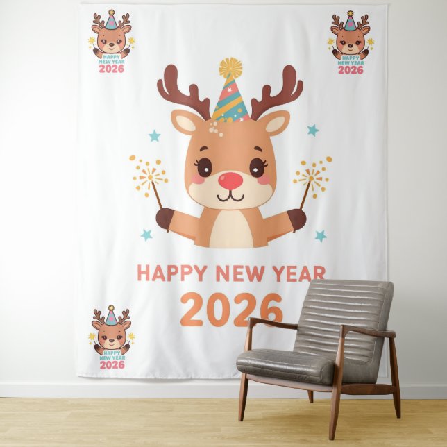 cute funny reindeer happy new year party backdrop wandteppich (Beispiel)