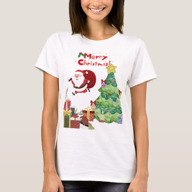 Cute & Funny Santa & Christmas Tree T-Shirt (Vorderseite)
