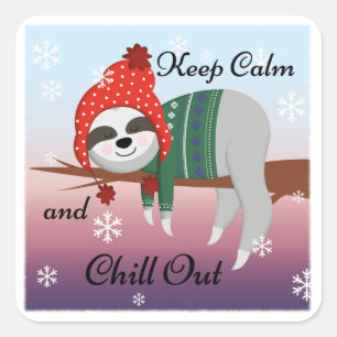 Cute Funny Sloth in Winter Hat & Scarf Motto Quadratischer Aufkleber