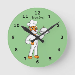 Cute funny tiger chef cartoon illustration  runde wanduhr