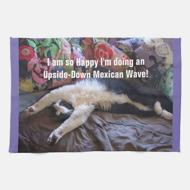 Cute Funny Tuxedo Cat Mexican Wave cats Geschirrtuch (Horizontal)