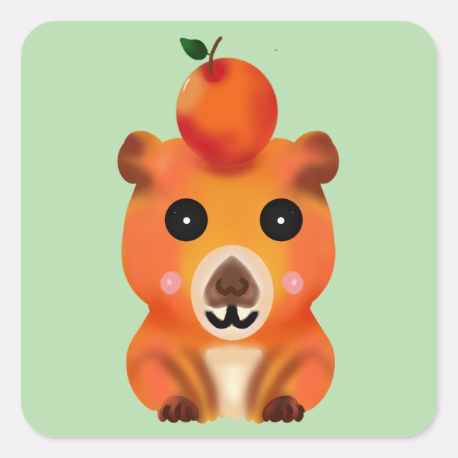 Cute Fuzzy Capybara with Orange | Kawaii Animal Ar Quadratischer Aufkleber (Vorderseite)