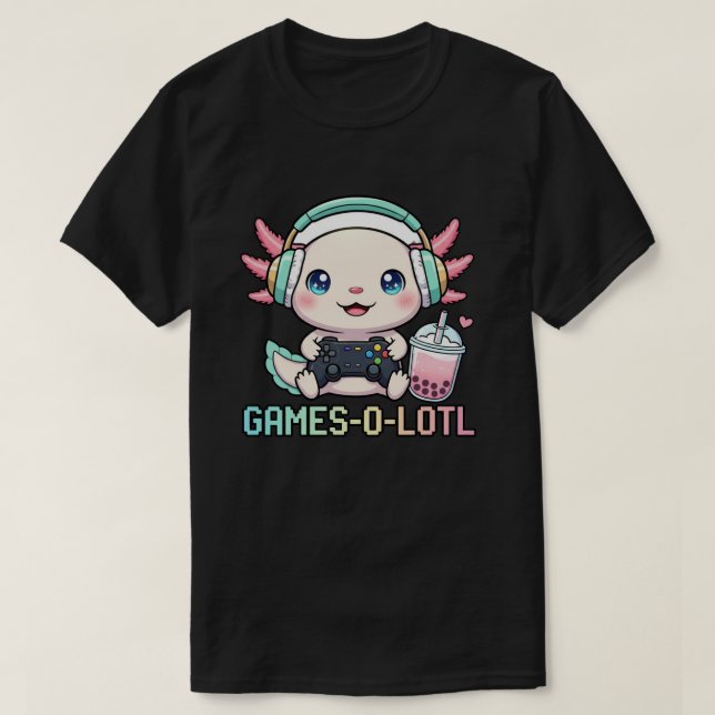 Cute Gamer Axolotl with Boba Art T-Shirt (Design vorne)
