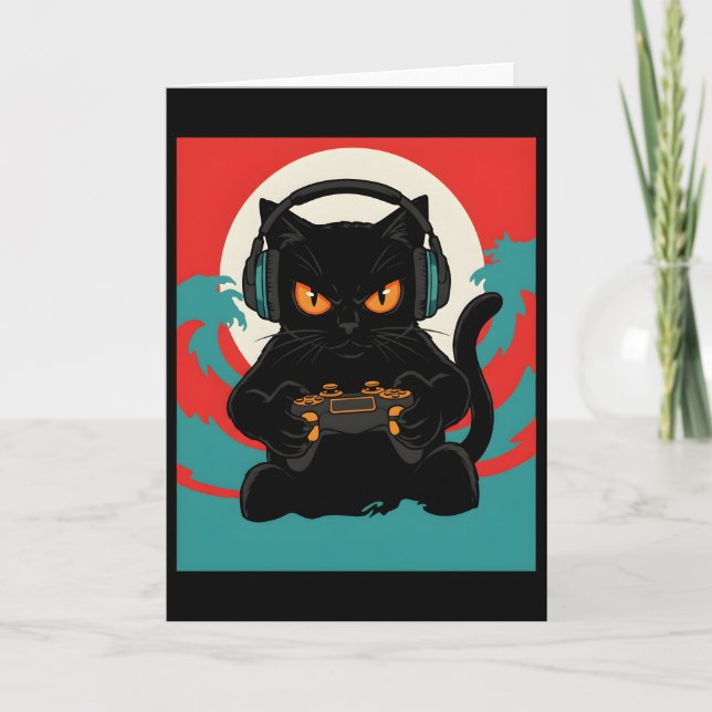 Cute Gamer Cat Headset Retro Console Night Scene Karte (Vorderseite)