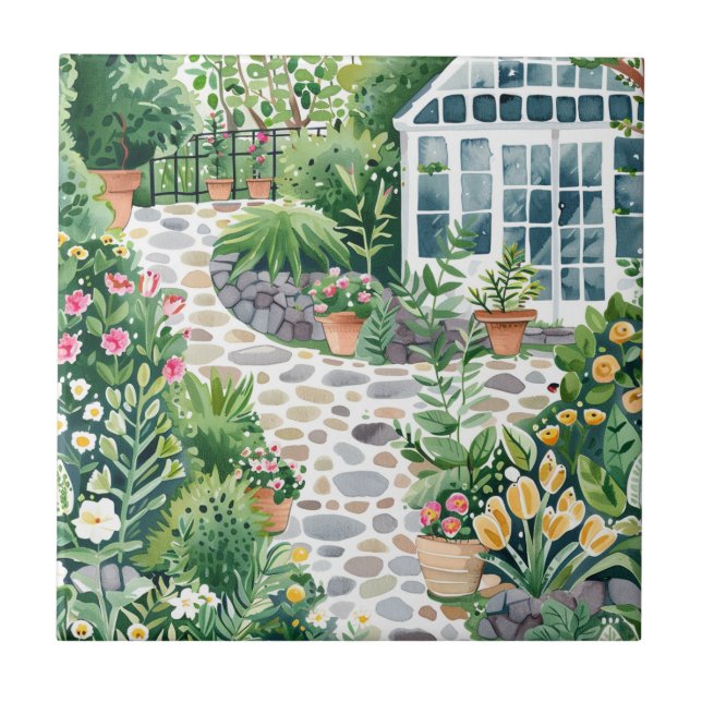Cute Garden Greenhouse Ceramic Tile. Fliese (Vorderseite)