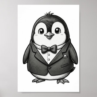 Cute Gentleman Penguin Tuxedo Sketch Poster