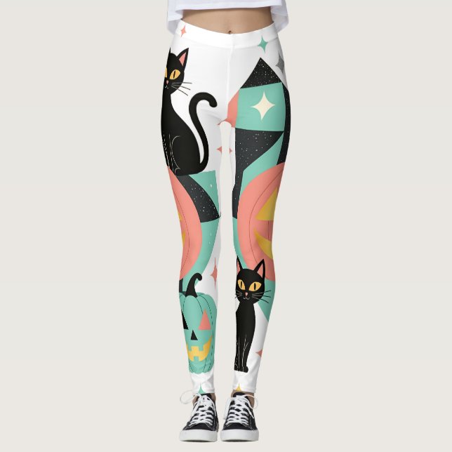 Cute Geometric Pastel Halloween Black Cats Pumpkin Leggings (Vorderseite)