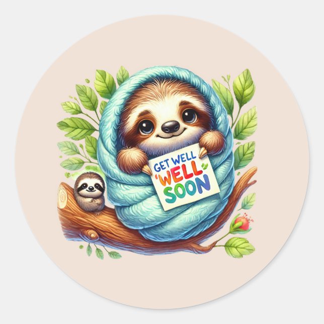 Cute get well soon sloth runder aufkleber (Vorderseite)