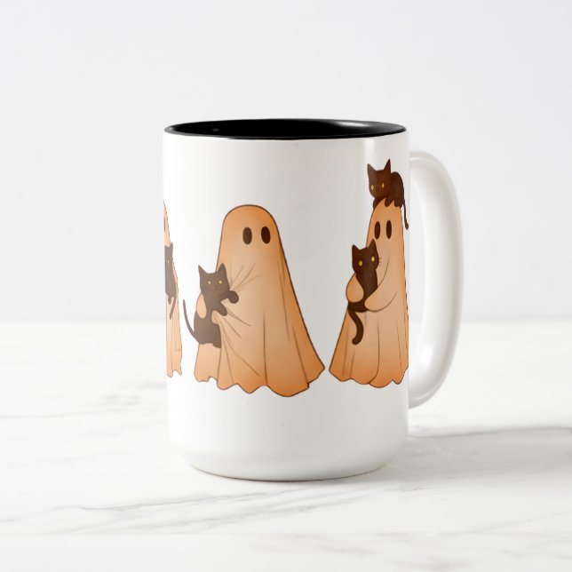 Cute Ghost and Black Cat Halloween Mug Zweifarbige Tasse (VorderseiteRechts)