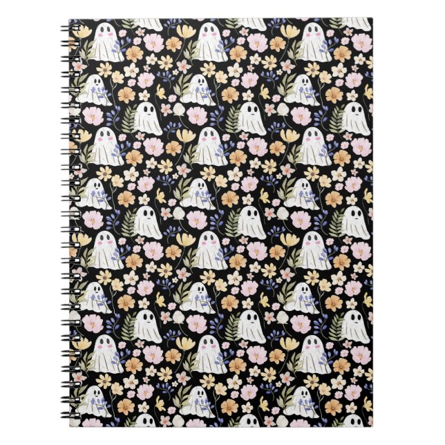 Cute Ghost And Colorful Flowers Seamless Pattern Notizblock (Vorderseite)