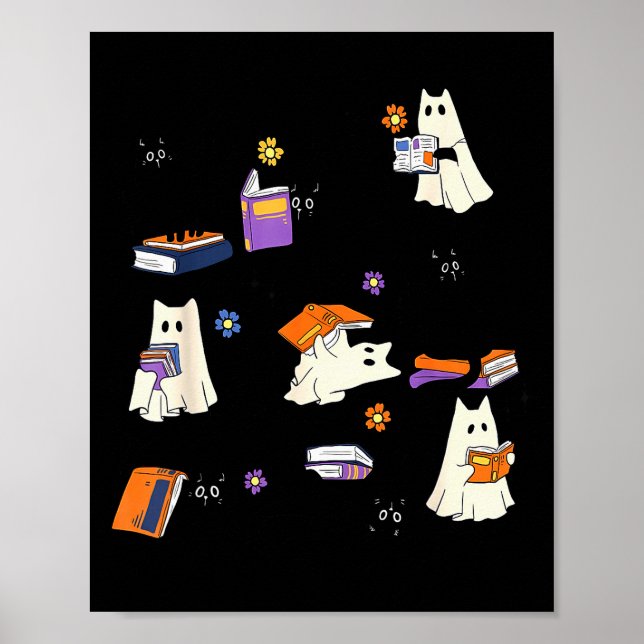 Cute Ghost Cat Reading Books Lover Bookish Hallowe Poster (Vorne)