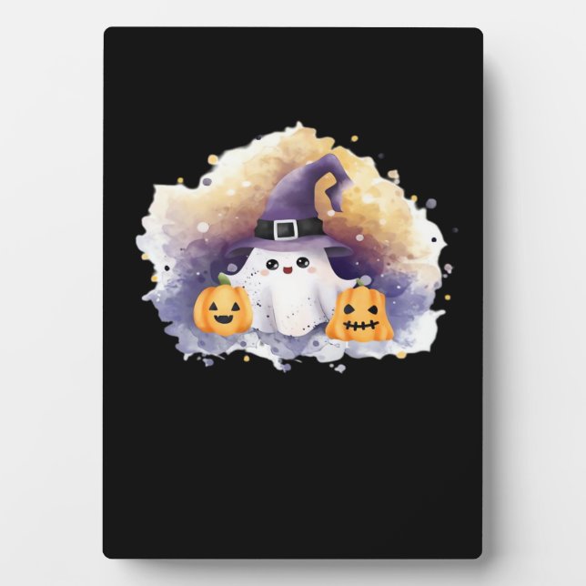Cute Ghost Cat with Pumpkins � Kawaii Halloween Ar Fotoplatte (Vorderseite)
