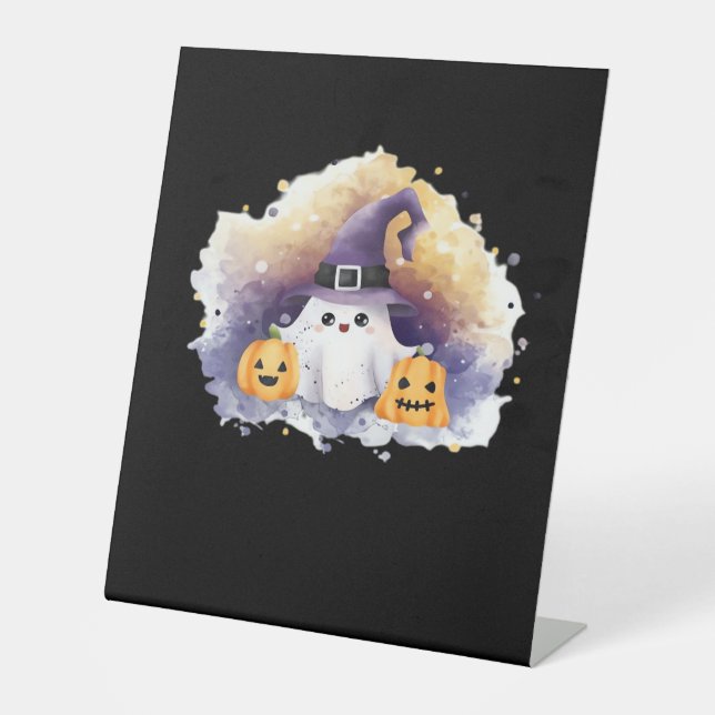 Cute Ghost Cat with Pumpkins � Kawaii Halloween Ar Sockelschild (Vorderseite)