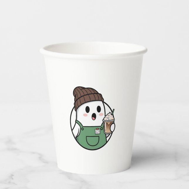 Cute Ghost Coffee Paper Cup – Funny Cartoon Dispos Pappbecher (Vorderseite)
