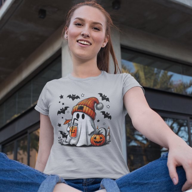 Cute Ghost Coffee Pumpkin Halloween T-Shirt (Von Creator hochgeladen)