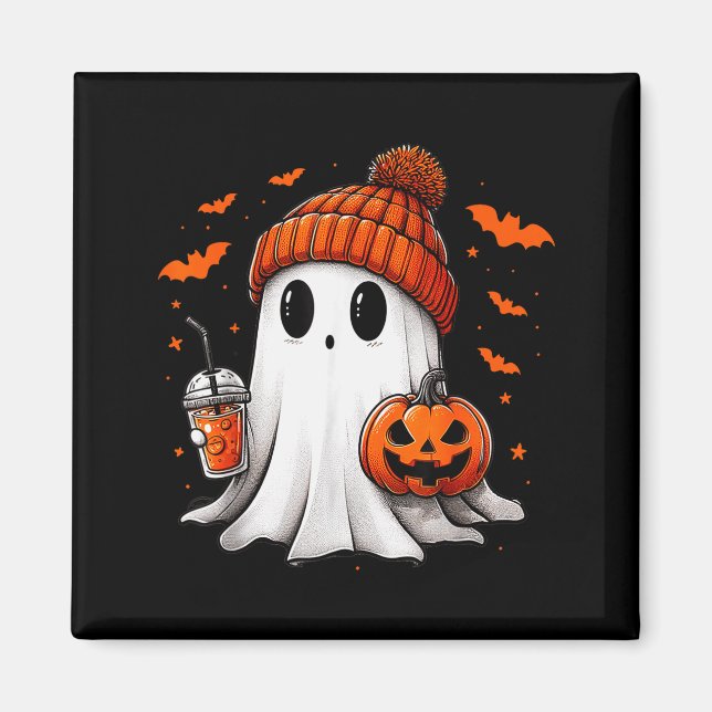 Cute Ghost Drinking Ice Coffee Halloween Pumpkin M Magnet (Vorne)