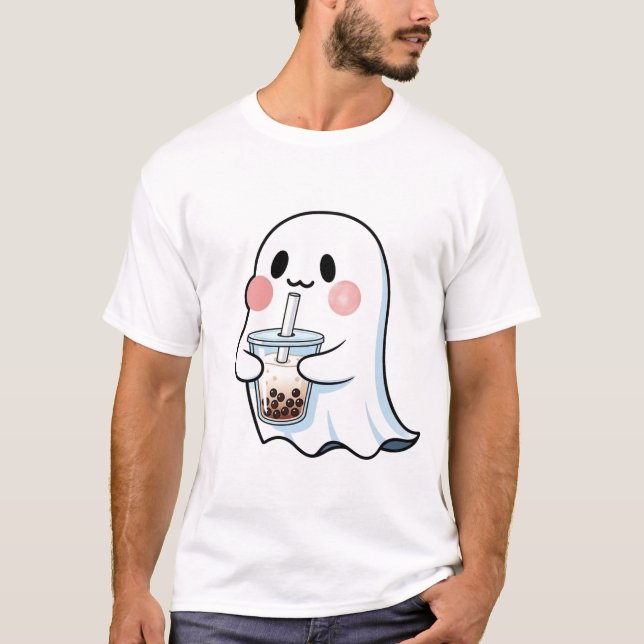 Cute Ghost Holding Boba Tea Bubble Tea Kawaii  T-Shirt (Vorderseite)