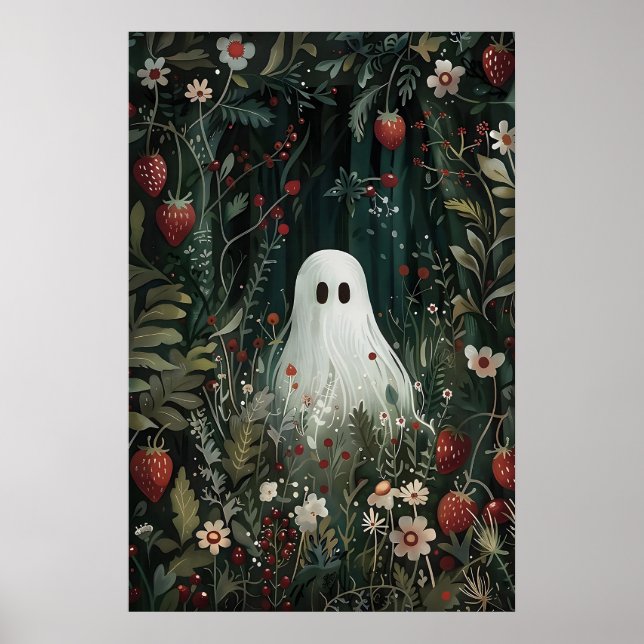 Cute Ghost In Strawberry Meadow Print, Ghost Poster (Vorne)