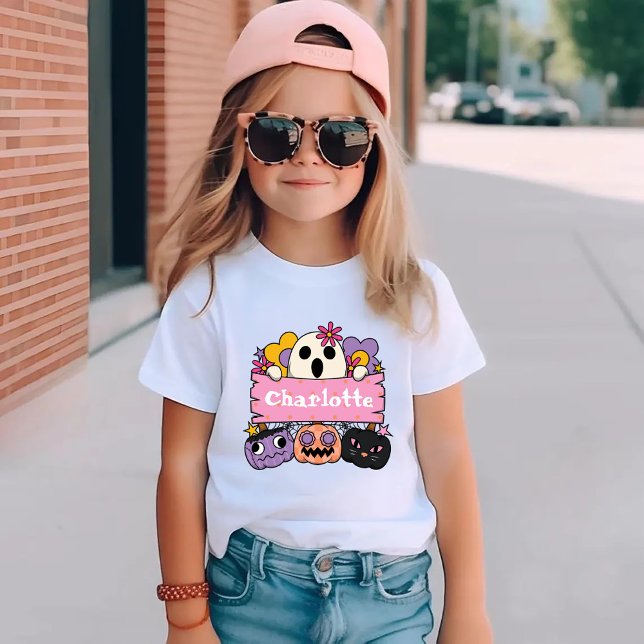 Cute Ghost Personalized Girl Name Halloween Kleinkind T-shirt (Von Creator hochgeladen)