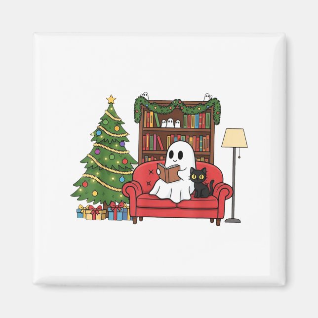 Cute Ghost Reading Christmas, Christmas Ghost Book Magnet (Vorne)
