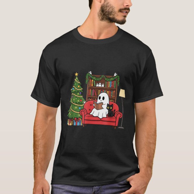 Cute Ghost Reading Christmas, Christmas Ghost Book T-Shirt (Vorderseite)