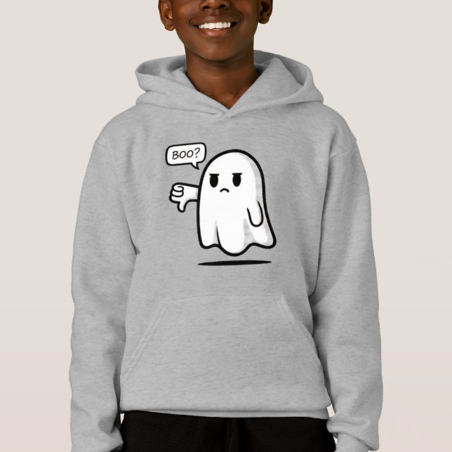 Cute Ghost Saying ‘Boo?’ – Kids Halloween Pullover Hoodie (Vorderseite)