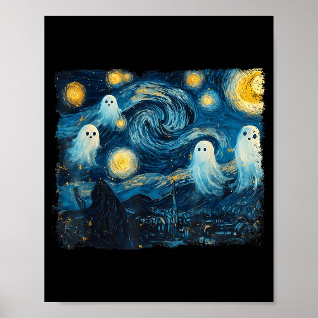 Cute Ghost Starry Night Halloween Soky Retro Van G Poster (Vorne)