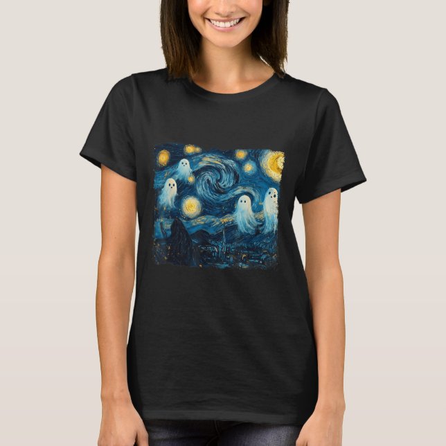 Cute Ghost Starry Night Halloween Soky Retro Van G T-Shirt (Vorderseite)
