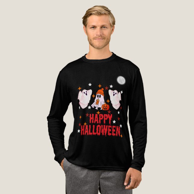 Cute Ghost Trio Happy Halloween Long Sleeve Tri-Blend Shirt (Volle Vorderseite)