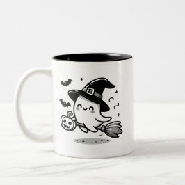 Cute Ghost Witch with Pumpkin & Broom | Two-Sided Zweifarbige Tasse