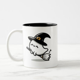 Cute Ghost Witch with Pumpkin & Broom | Two-Sided Zweifarbige Tasse