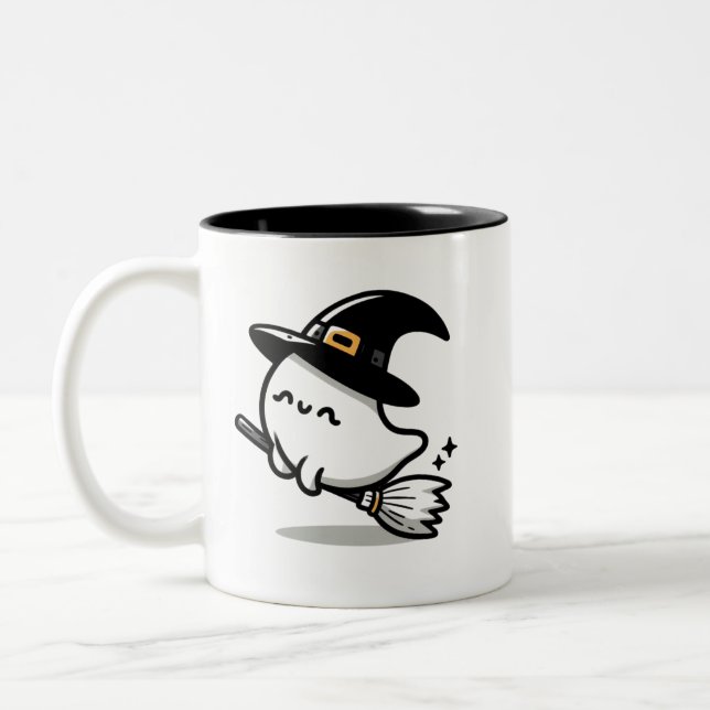 Cute Ghost Witch with Pumpkin & Broom | Two-Sided  Zweifarbige Tasse (Links)