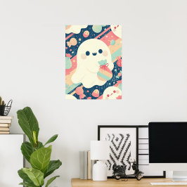 Cute Ghost with Candy Bag in Pastel Color Style Poster