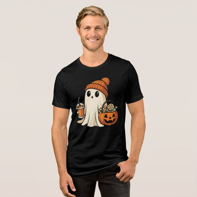 Cute Ghost with Candy & Pumpkin Drink Tri-Blend Shirt (Vorderseite voll)
