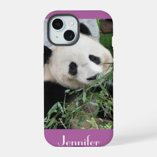 Cute Giant Panda Pale Purple Trim, Custom Name iPhone 15 Hülle