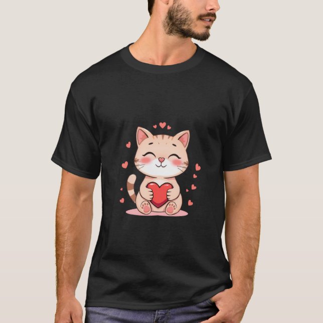Cute Ginger Cat Hugging Red Heart Love Art ✨🐾❤️ T-Shirt (Vorderseite)