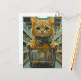 Cute Ginger Kitty Shopping For Groceries Postkarte