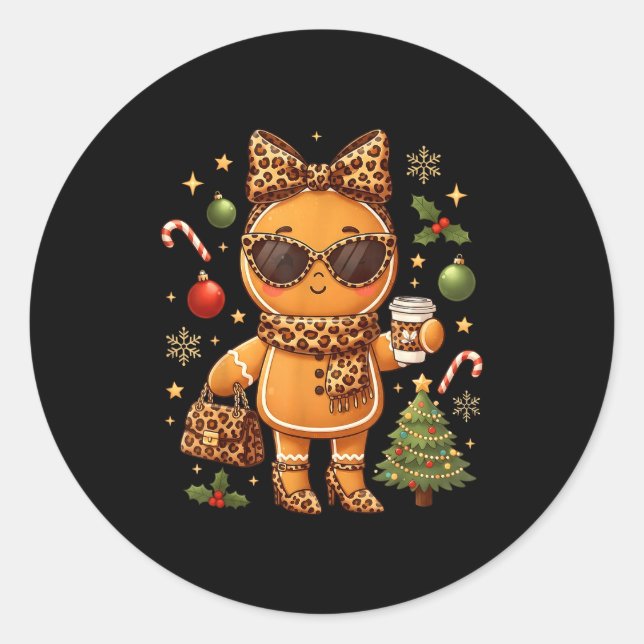Cute Gingerbread Leopard Christmas Xmas Girl Women Runder Aufkleber (Vorderseite)